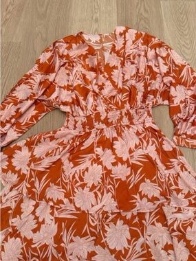 Rust Orange Floral Midi Dress with Pink Blooms